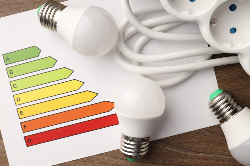 LED lightbulbs on a table beside energy efficiency rating for flat owners